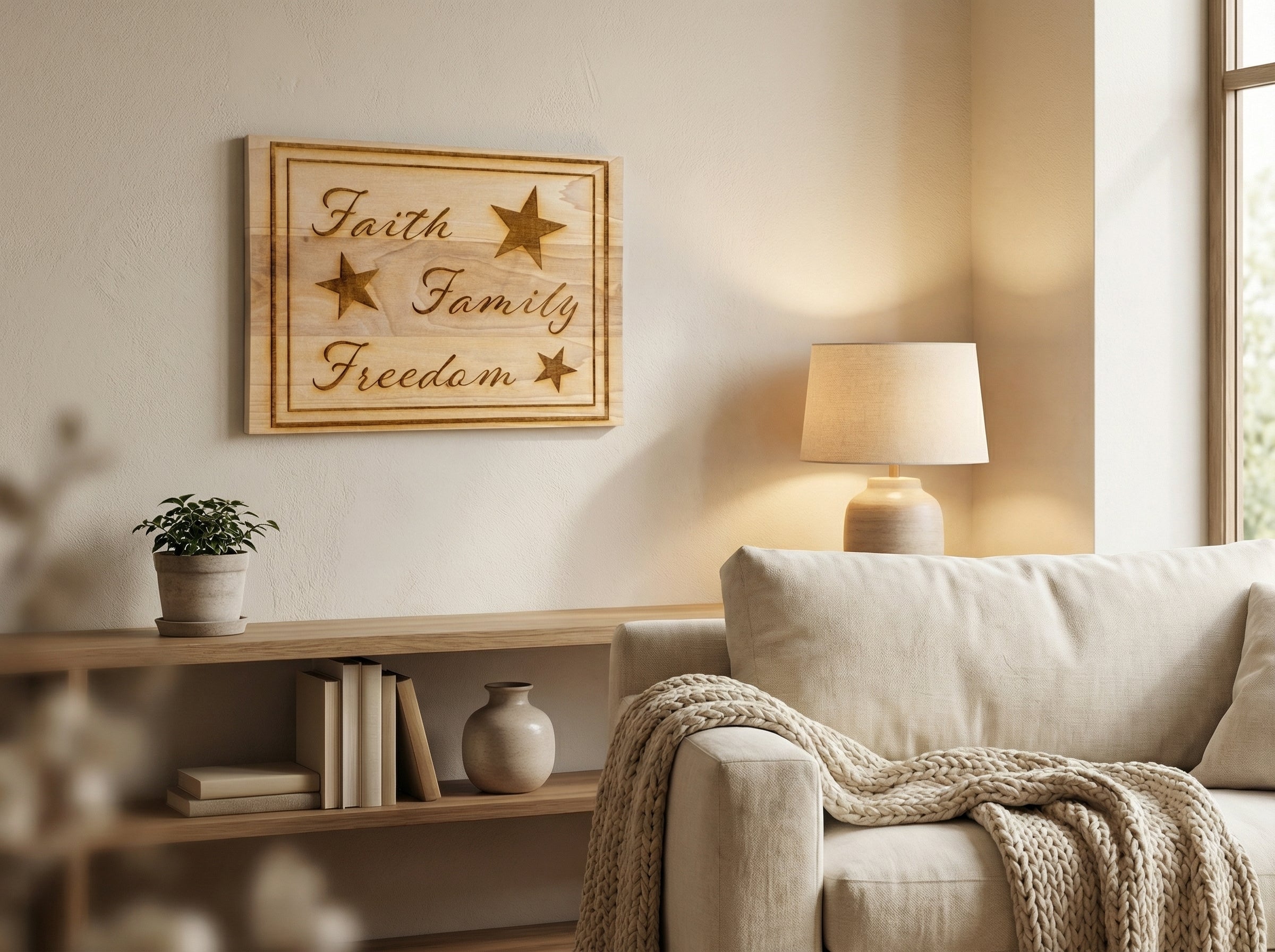 Custom Engraved Wood Wall Plaque – “Faith • Family • Freedom” Patriot Edition