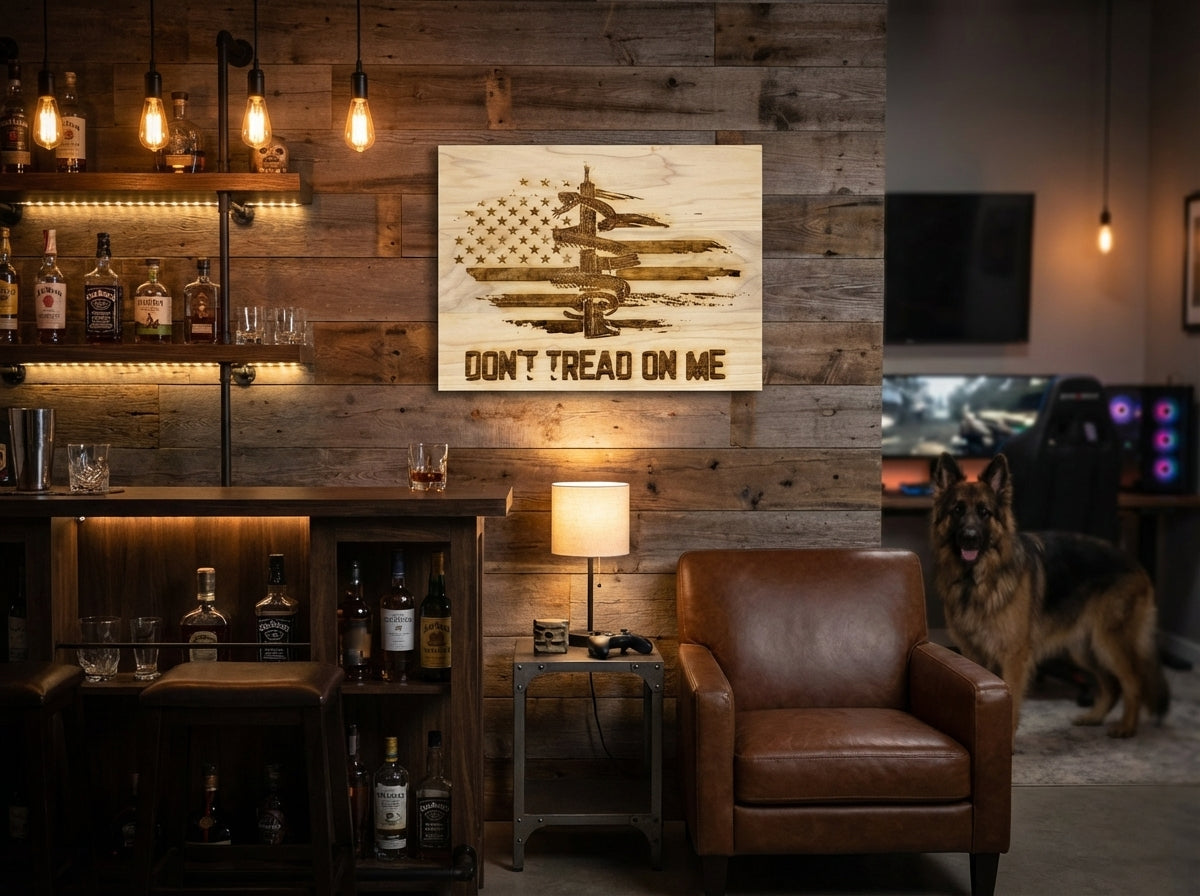 Custom Engraved Wood Wall Plaque – “Don’t Tread on Me” Patriot Edition