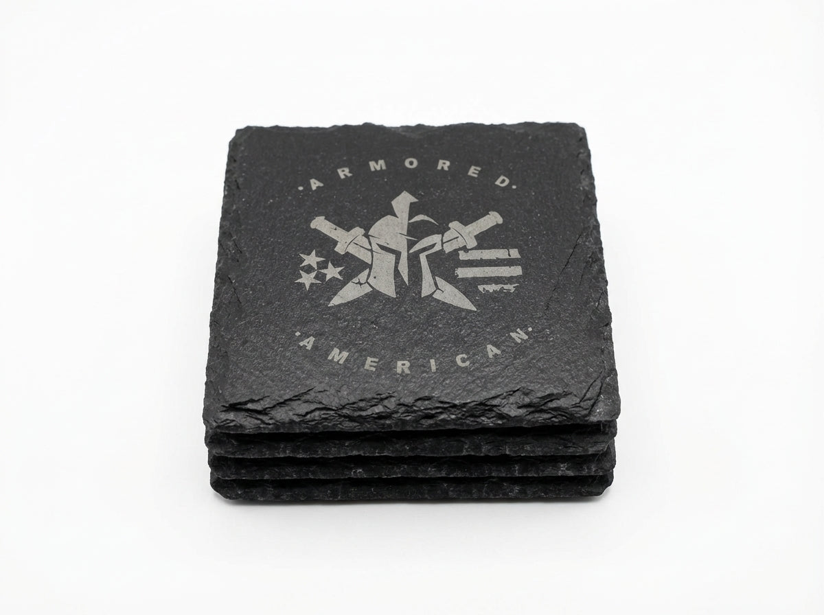 Armored American – Engraved Slate Coaster Set (4-Pack)